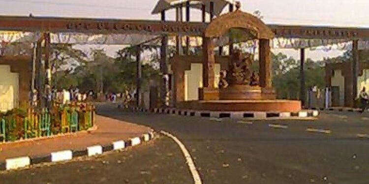 Student groups stand in front of the Chancellor’s office in Banibihar demanding action against the two student groups in a face-to-face incident.